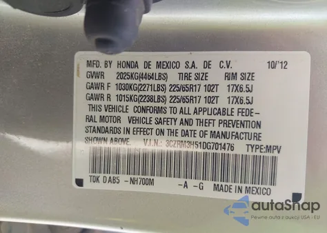 2013 Honda Cr-V Ex z USA, uszkodzony, nr VIN 3CZRM3H51DG701476